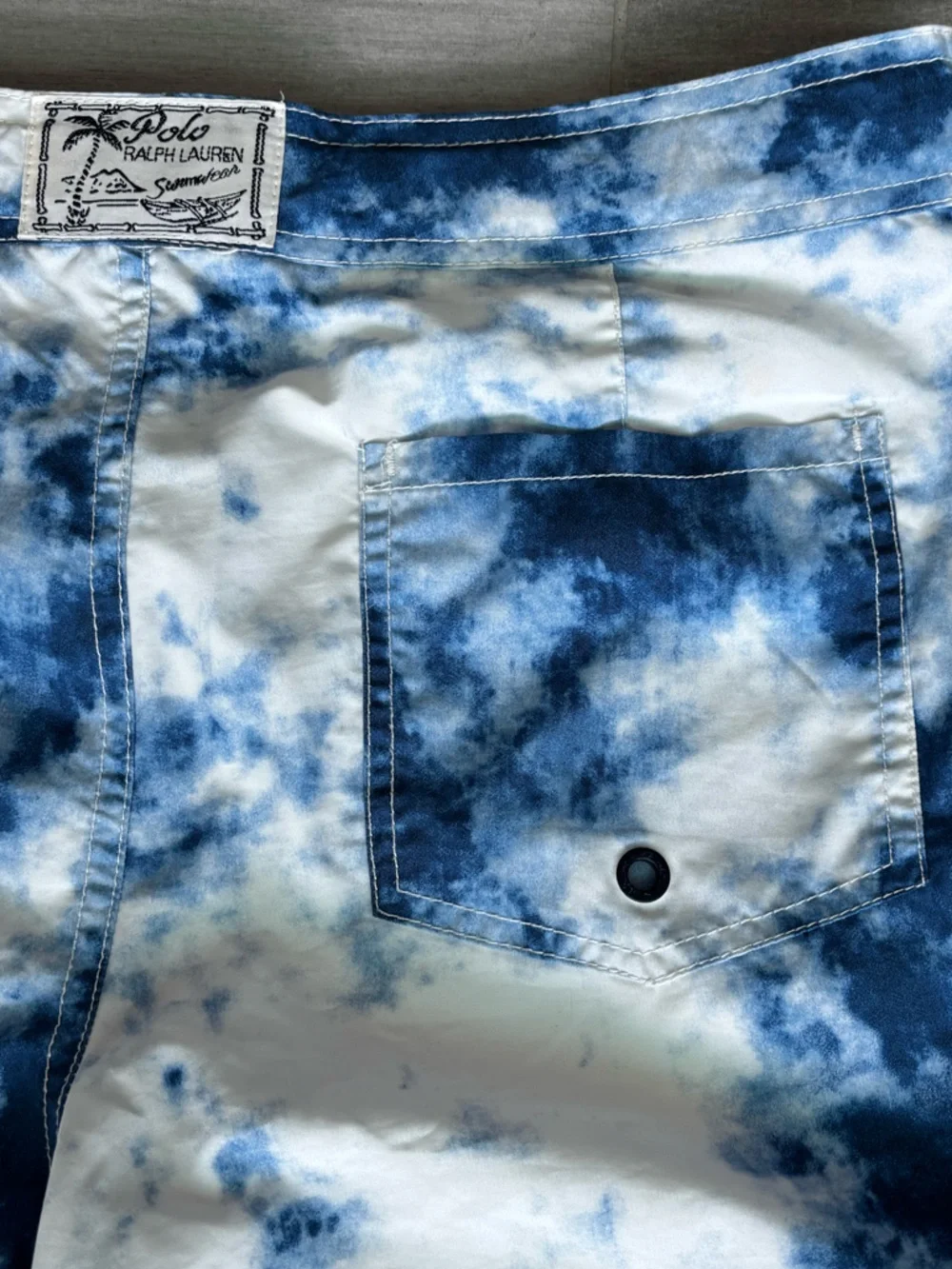 POLO Ralph Lauren Swim Trunks Tie-Dye Youth 18-20 Blue Large Logo Snap Waist
